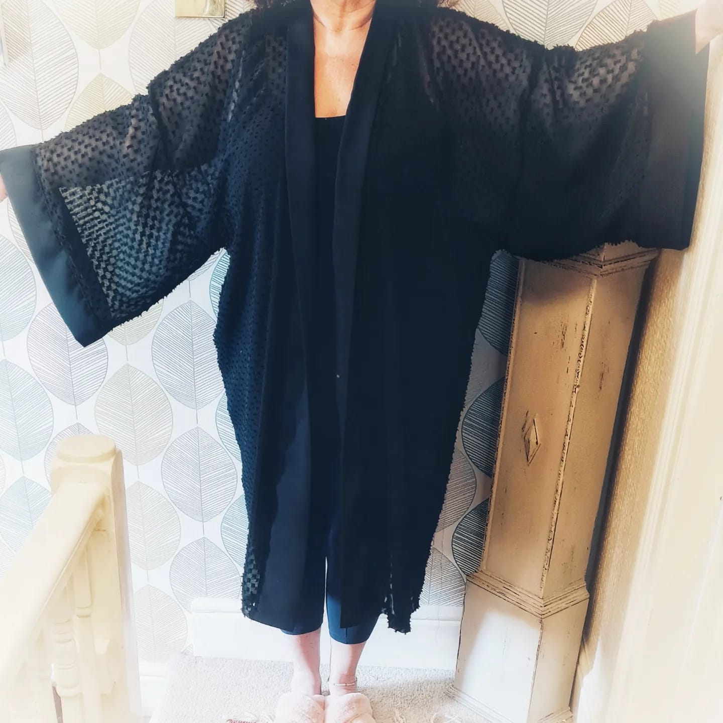 Handmade modern style Japanese kimono Long black textured with edging ONE SIZE