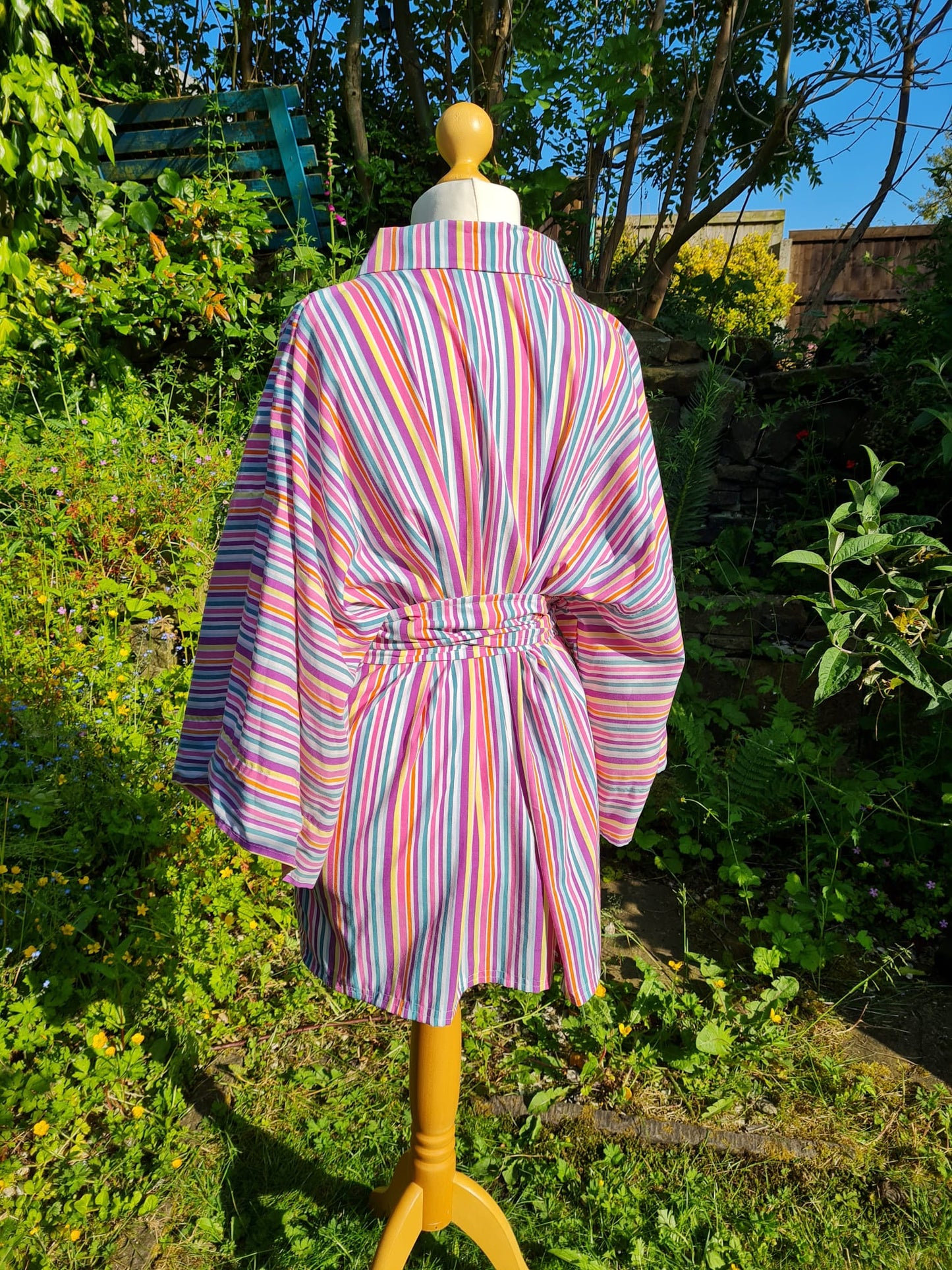 Handmade modern style Japanese kimono Striped pastel design with belt ONE SIZE